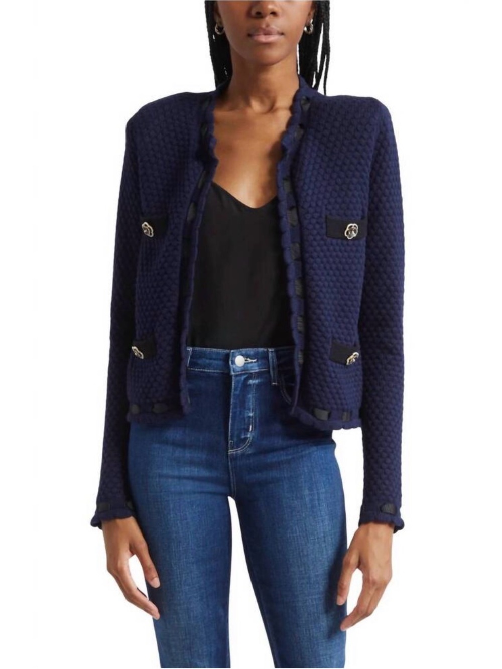 L’AGENCE Astor Contrast Trim Cardigan Navy / Black Large NWT